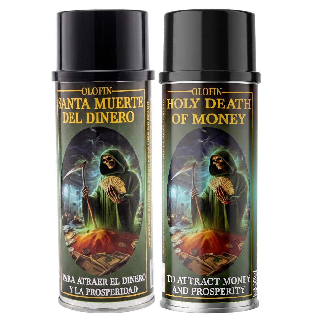 Two black spray cans of Olofin Santa Muerte Del Dinero / Holy Death of Money perfume shown side by side on a white background.