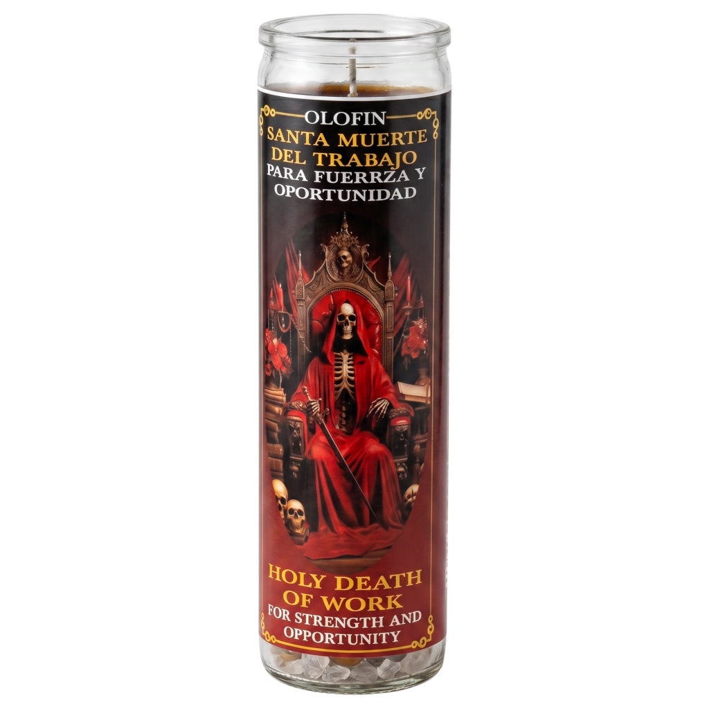 A tall glass jar candle with a printed label featuring a red-robed grim reaper seated on a throne. The label includes Spanish text reading 'Olofin Santa Muerte del Trabajo para Fuerza y Oportunidad' and English text reading 'Holy Death of Work for Strength and Opportunity,' on a plain white background.