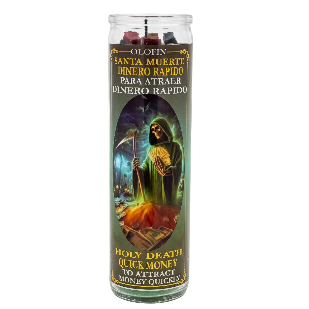 A tall glass prayer candle with a printed label featuring a hooded grim reaper holding a scythe and fan, with Spanish and English text reading 'Holy Death Quick Money To Attract Money Quickly.' The candle is shown upright on a plain white background.