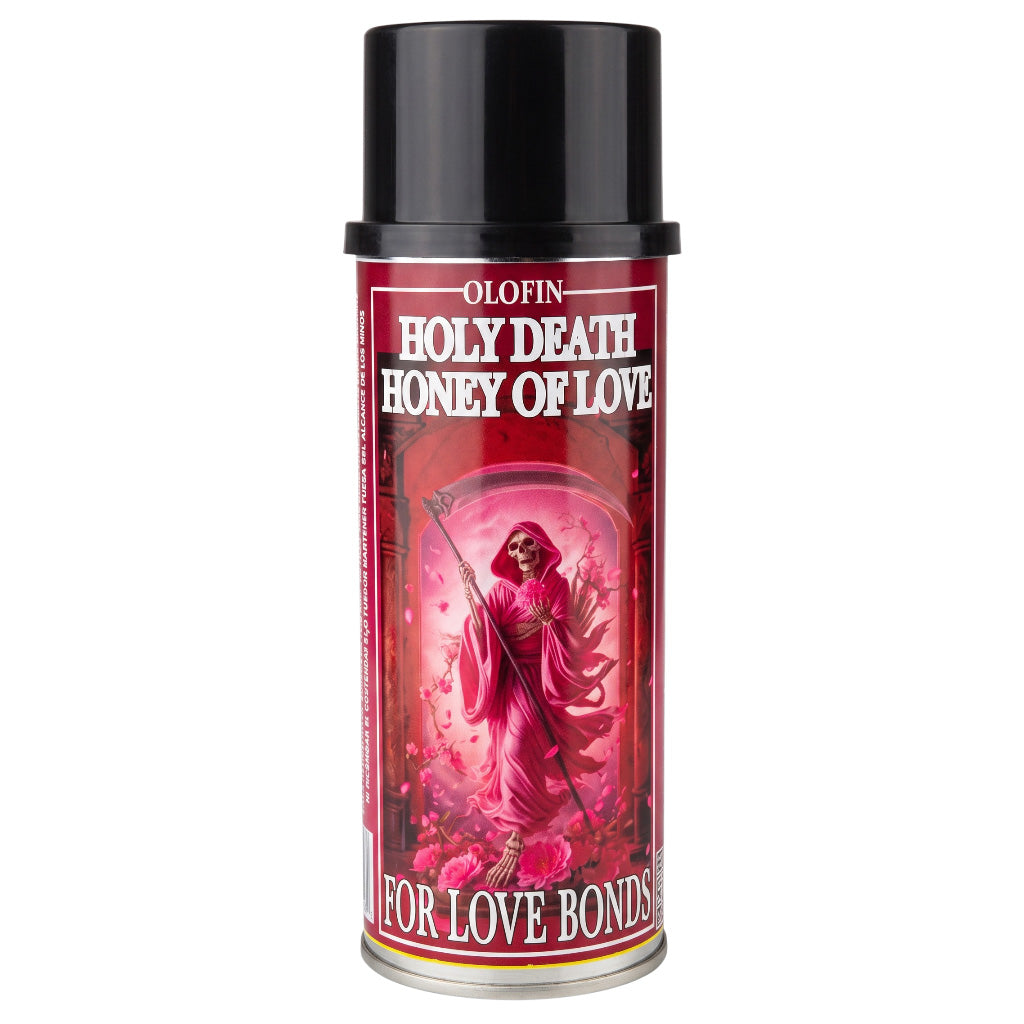 A single aerosol spray can of Olofin Holy Death Honey of Love perfume, featuring a black cap and a red label with a grim reaper illustration.