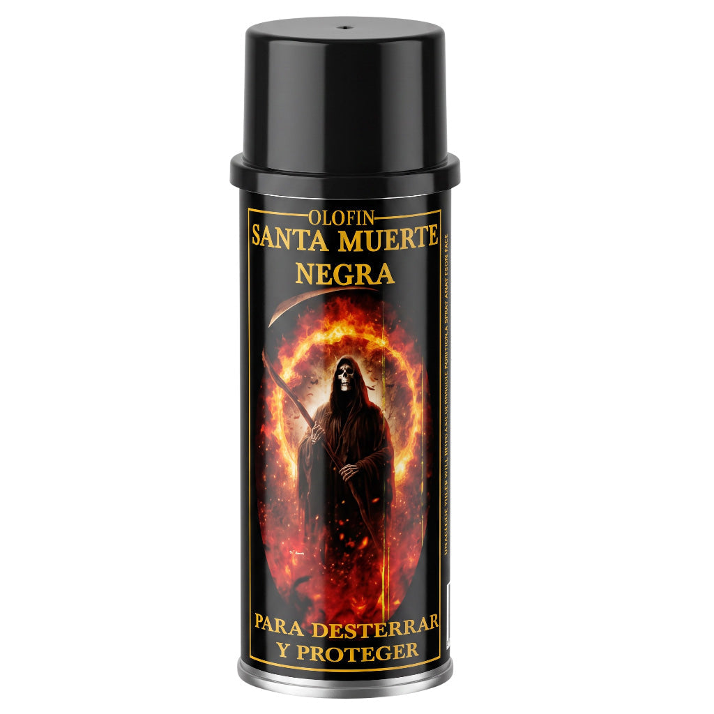 A can of Olofin Santa Muerte Negra, a black spray deodorant and odor remover, featuring a label with an illustration of the Grim Reaper surrounded by flames.