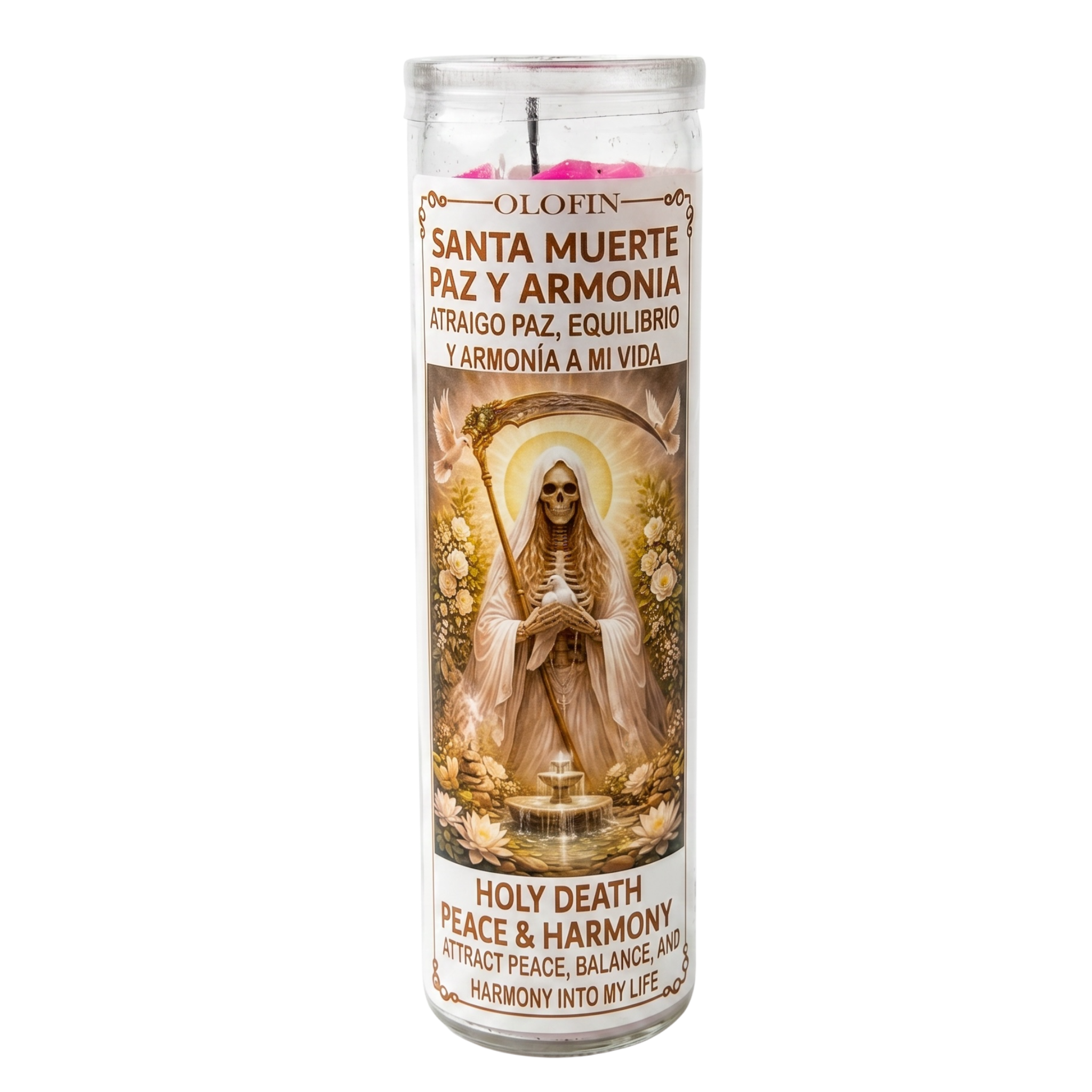 Santa Muerte Paz Y Harmonia (Holy Death Peace & Harmony) Prepared Ritual Candle Perfumed