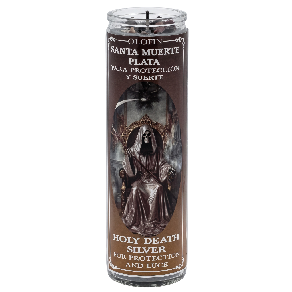 A tall glass prayer candle labeled 'Olofin Santa Muerte Plata' with a grim reaper illustration and text reading 'Holy Death Silver for Protection and Luck' on a white background.