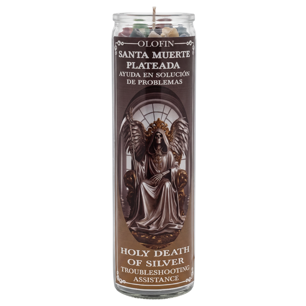 A tall glass prayer candle labeled 'Olofin Santa Muerte Plateada' with a brown label featuring an angel statue illustration and the text 'Holy Death of Silver Trouble Shooting Assistance.'.