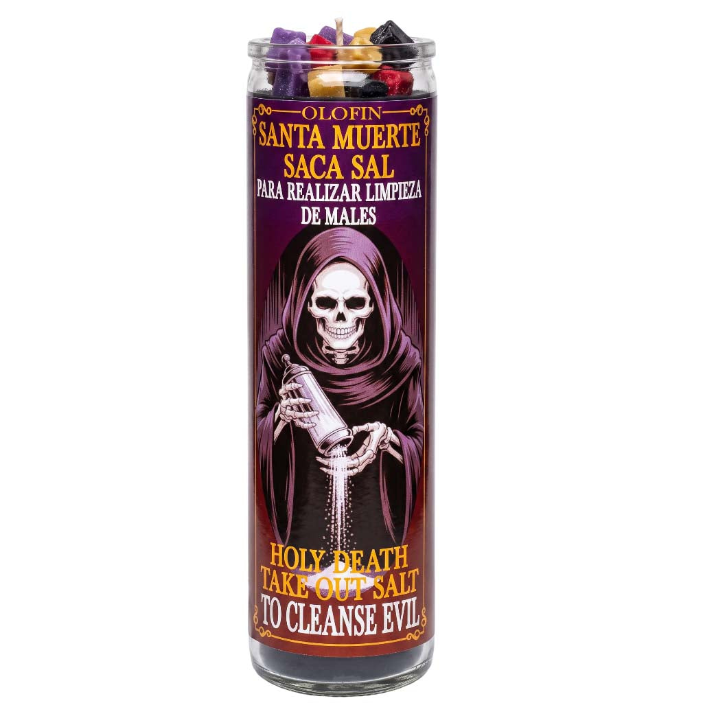 Holy Death Santa Muerte Saca Sal prayer candle in a tall glass container with a dark purple label featuring a grim reaper holding a salt container. The candle is topped with multicolored wax pieces and shown on a plain white background.
