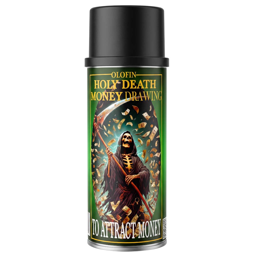 A can of Olofin Holy Death Money Drawing spray with a black cap and a green label featuring a grim reaper holding a scythe surrounded by gold coins.