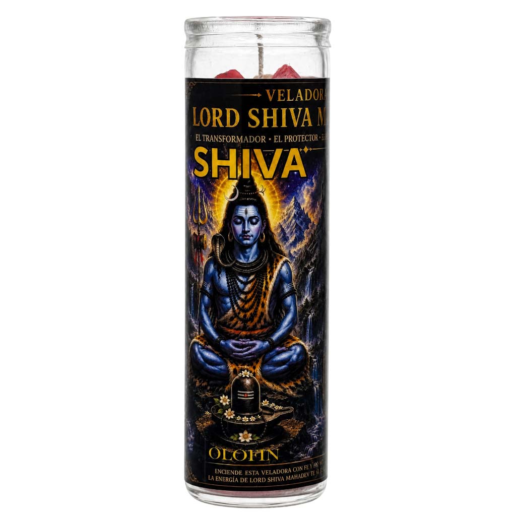 A tall glass jar candle featuring a black label with an illustration of Lord Shiva in blue and gold, with red wax visible at the top.