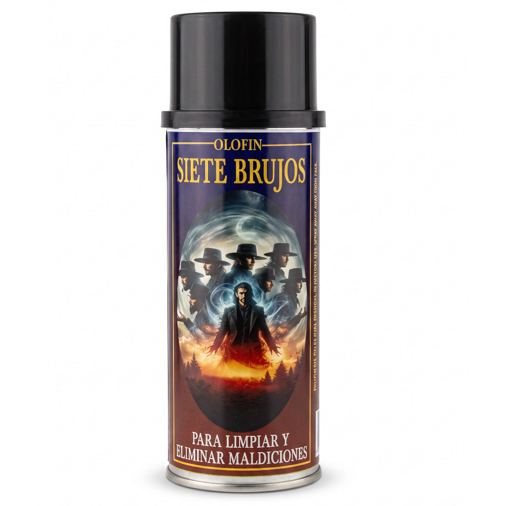A can of Olofin Siete Brujos spray, featuring a black cap and a label with a dark illustration of a wizard surrounded by flames and other cloaked figures, on a white background.