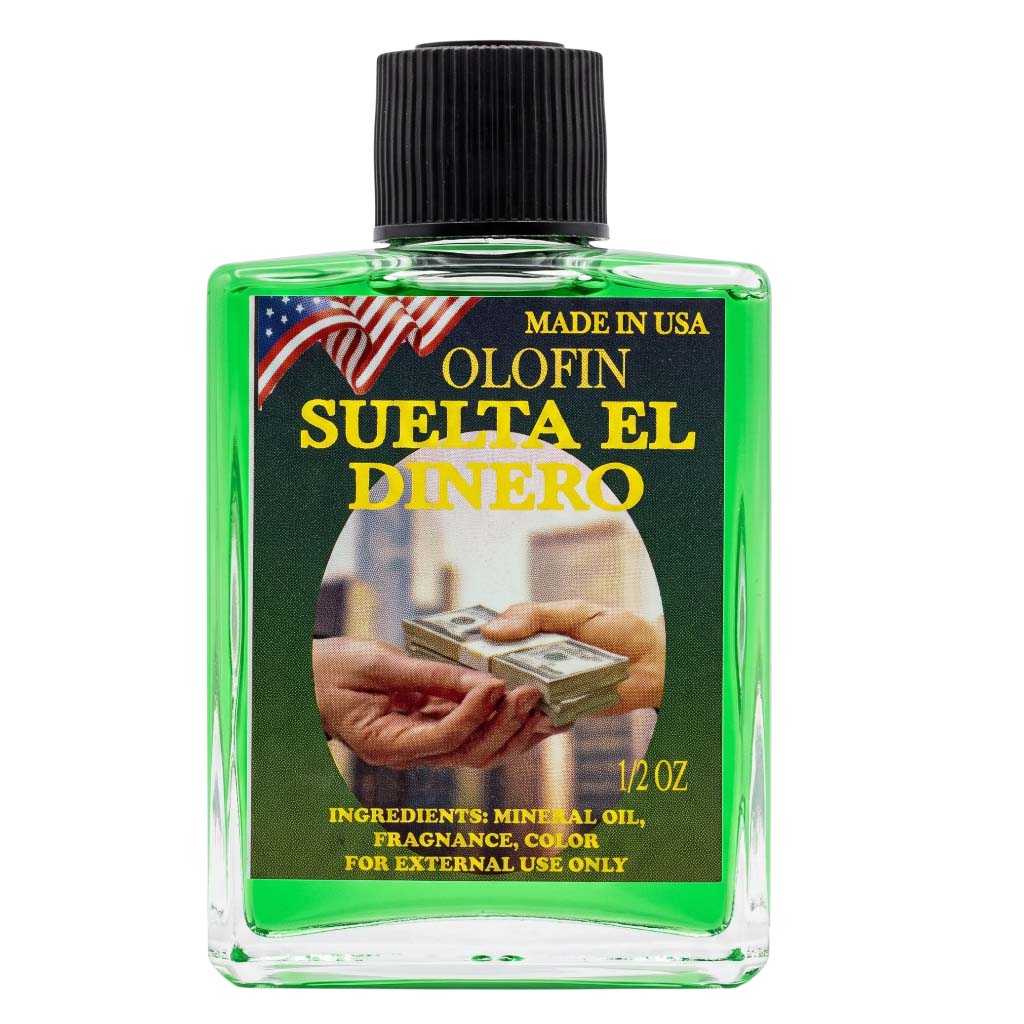 A 12 oz clear plastic bottle of Olofin Suelta El Dinero external use mineral oil and fragrance color, featuring a black ribbed cap and a green label with yellow text and an American flag graphic.