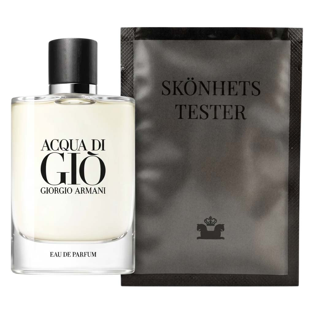 Acqua di Giò perfume bottle with packaging labeled 'Skönhets Tester' by Giorgio Armani.