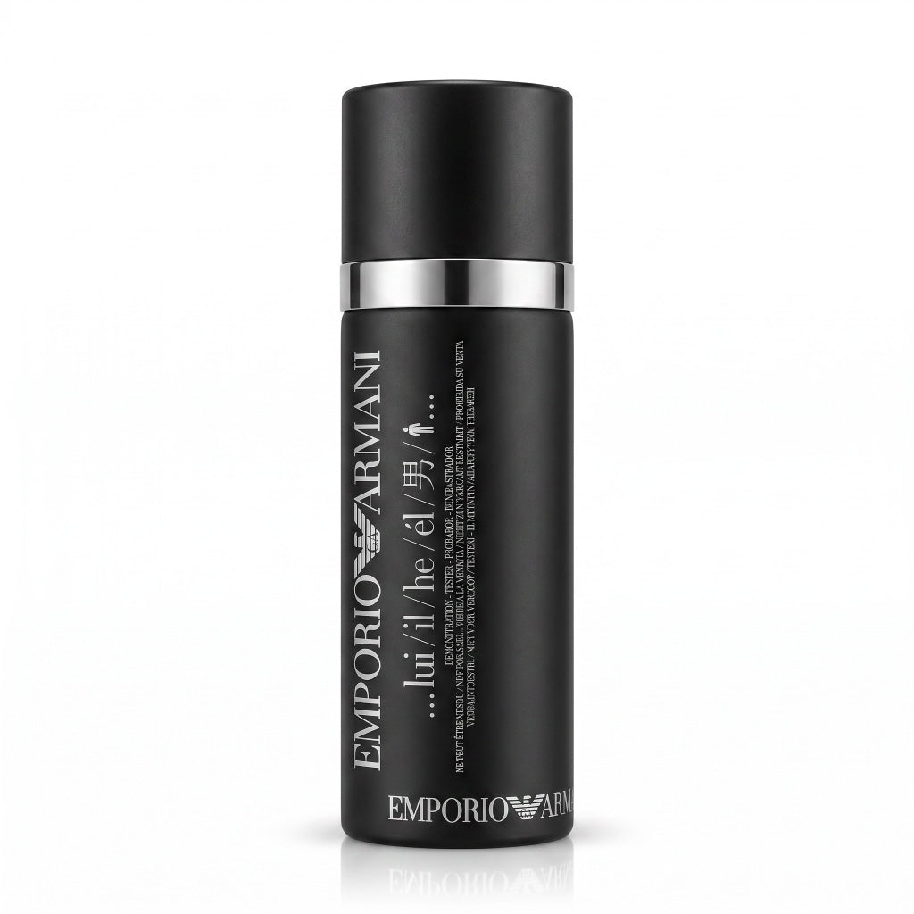 Black Emporio Armani deodorant bottle on a white background