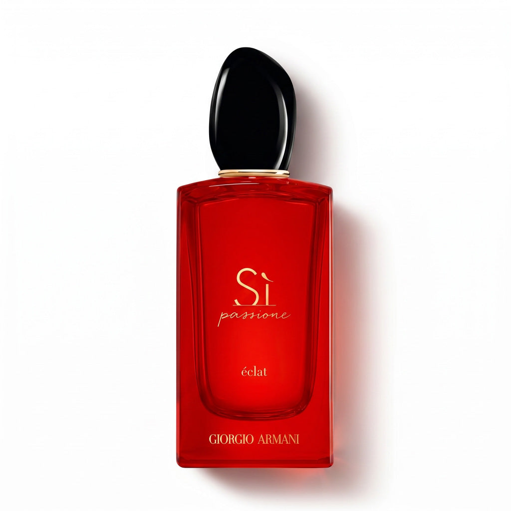 Red Giorgio Armani perfume bottle with black cap on a white background