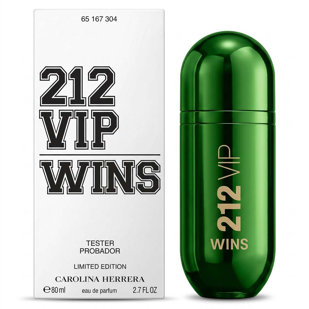 Green perfume bottle and packaging of Carolina Herrera 212 VIP Wins on a white background