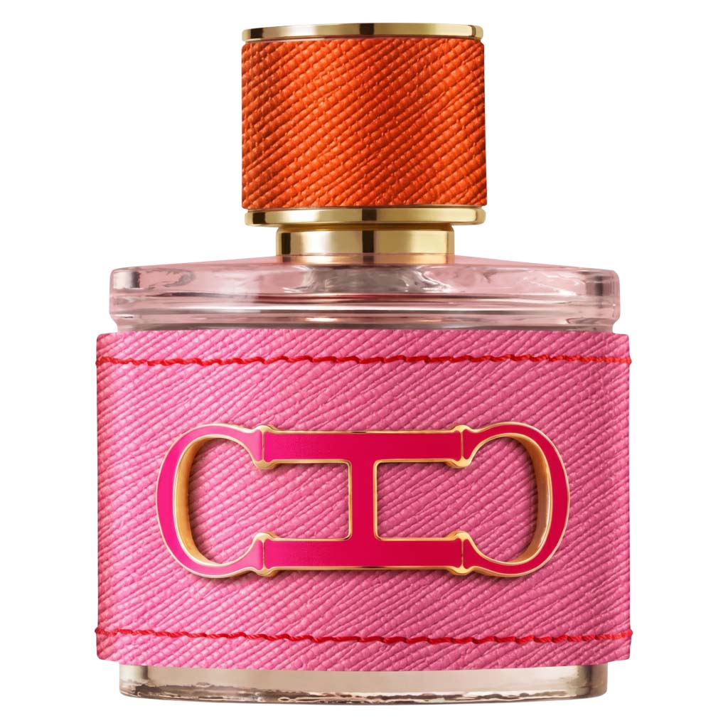 Perfume bottle with pink and orange design on a white background