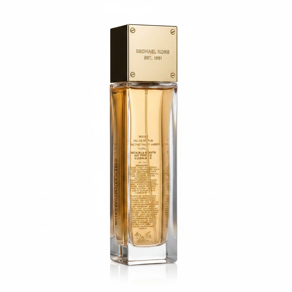 Perfume bottle with gold cap and label on a white background