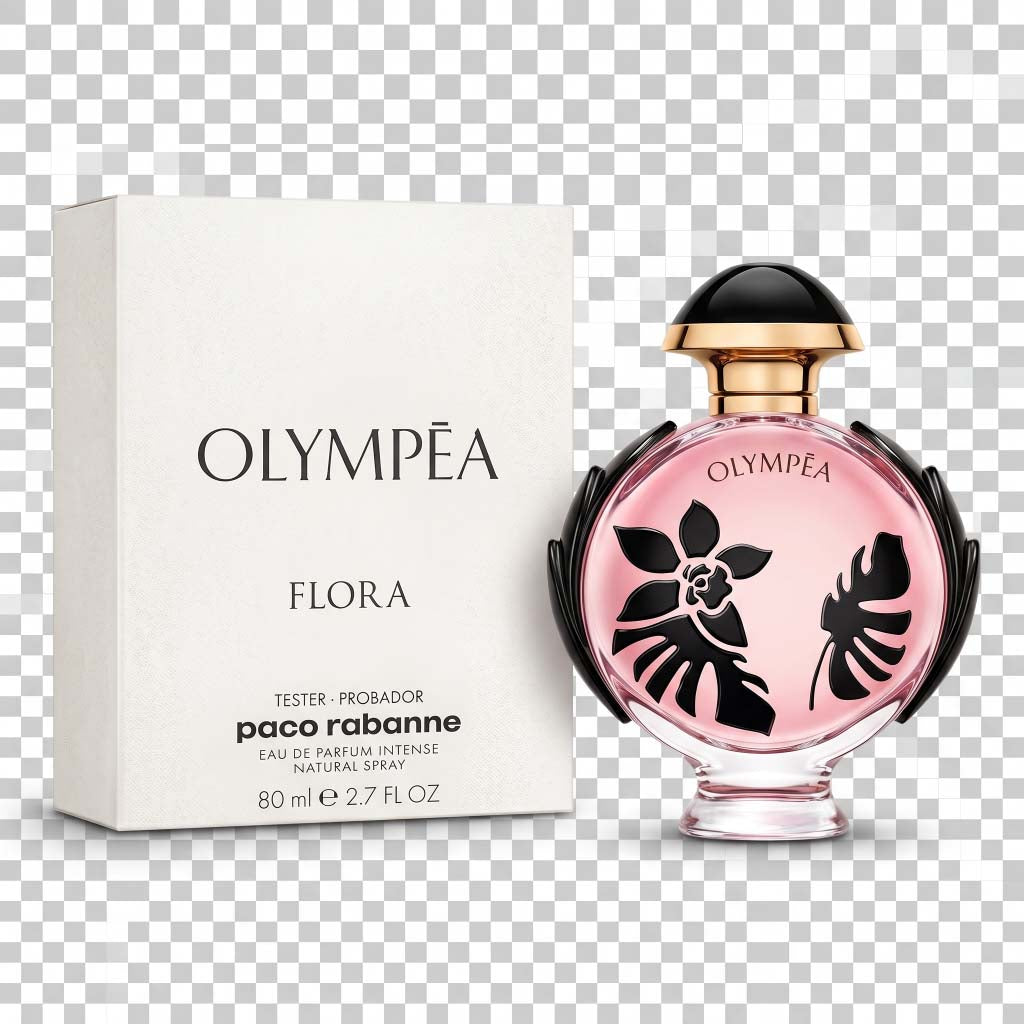 Paco Rabanne Olympéa Flora perfume bottle and packaging on a transparent background