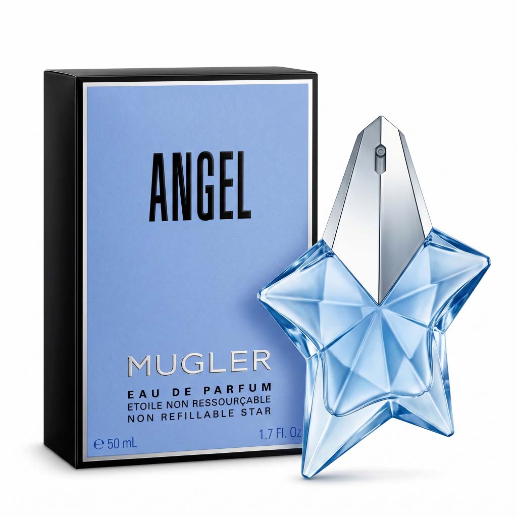 Mugler Angel perfume bottle and packaging on a white background