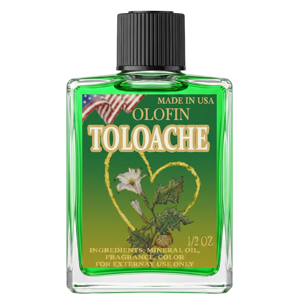 A 1/2 oz glass bottle of Olofin Toloache fragrance oil with a black ribbed cap and a green label featuring the brand name and botanical illustrations.