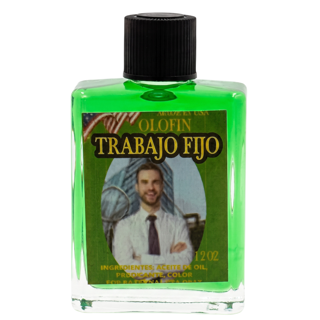 A clear rectangular bottle filled with bright green oil, topped with a black ribbed cap, and featuring a front label that reads 'TRABAJO FIJO' with a photo of a man. The bottle is photographed on a plain white background.
