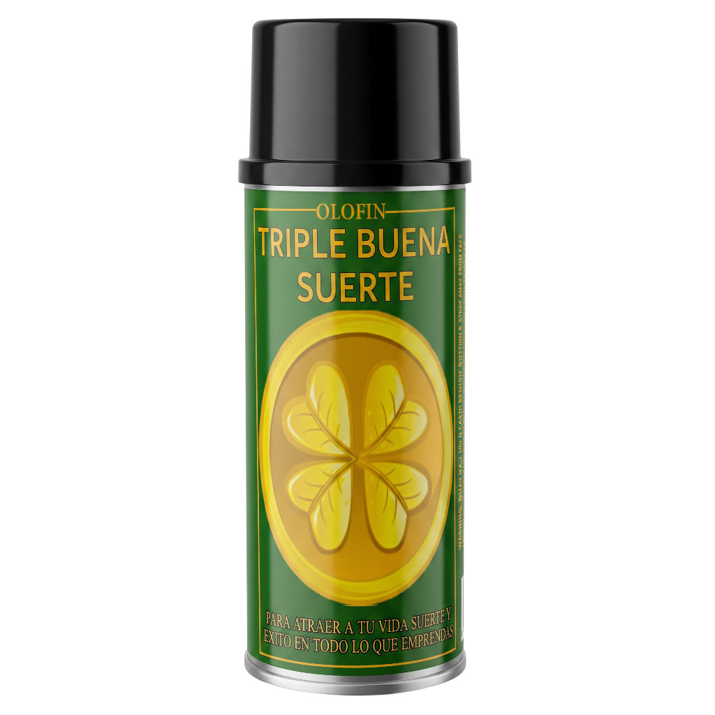 A can of Olofin Triple Buena Suerte spray with a black cap and a green label featuring a yellow four-leaf clover design.
