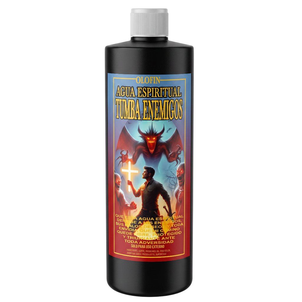 A black plastic bottle of Olofin Agua Espiritual Tumba Enemigos with a white ribbed cap and a colorful label featuring a red devil and a figure holding a cross.