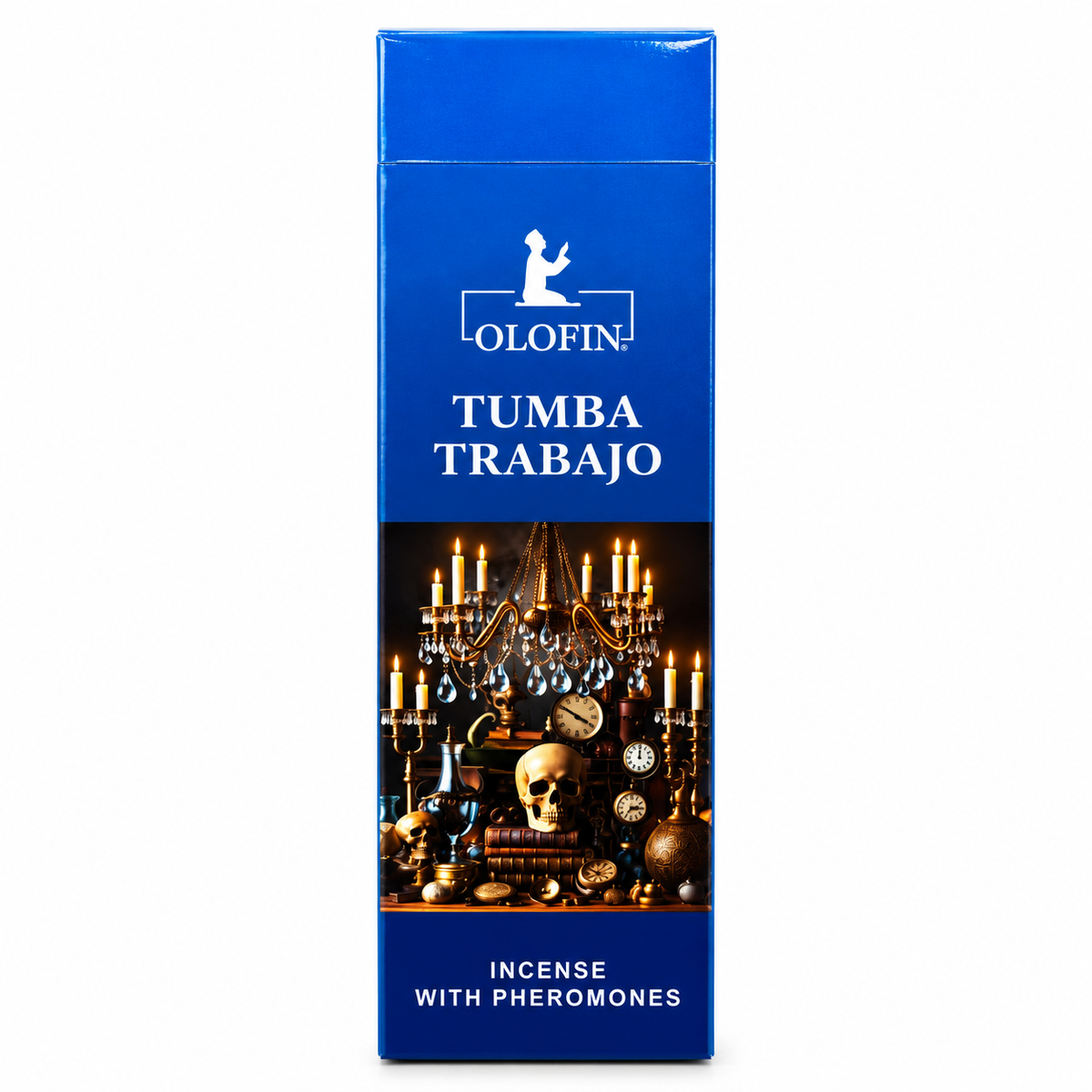 A tall blue rectangular box of Olofin Tumba Trabajo incense with pheromones, featuring white text and a dark illustration of candles, skulls, and occult objects on the front.
