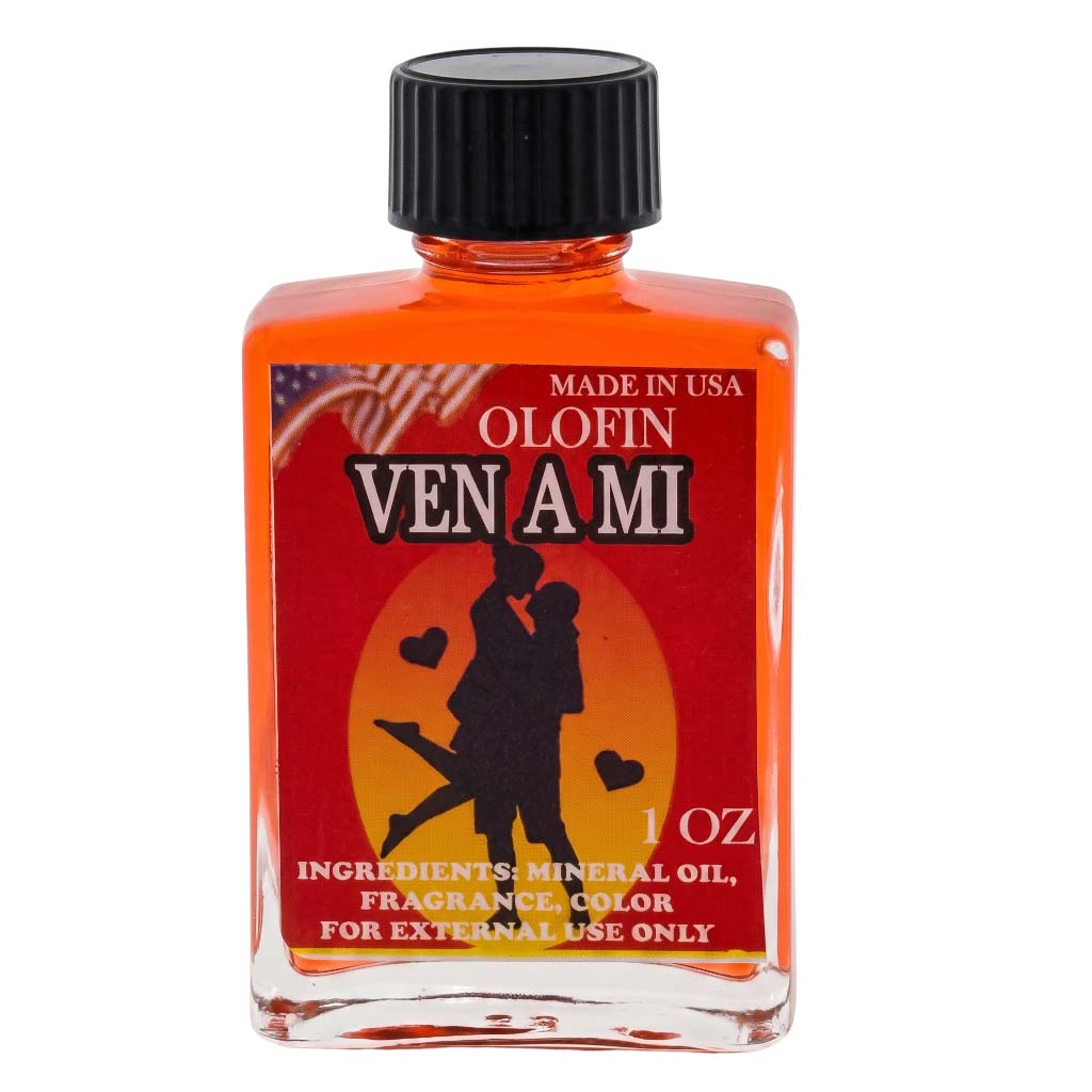 A 1 oz bottle of Olofin Ven A Mi fragrance oil, filled with bright orange liquid and featuring a red label with a black cap, on a white background.