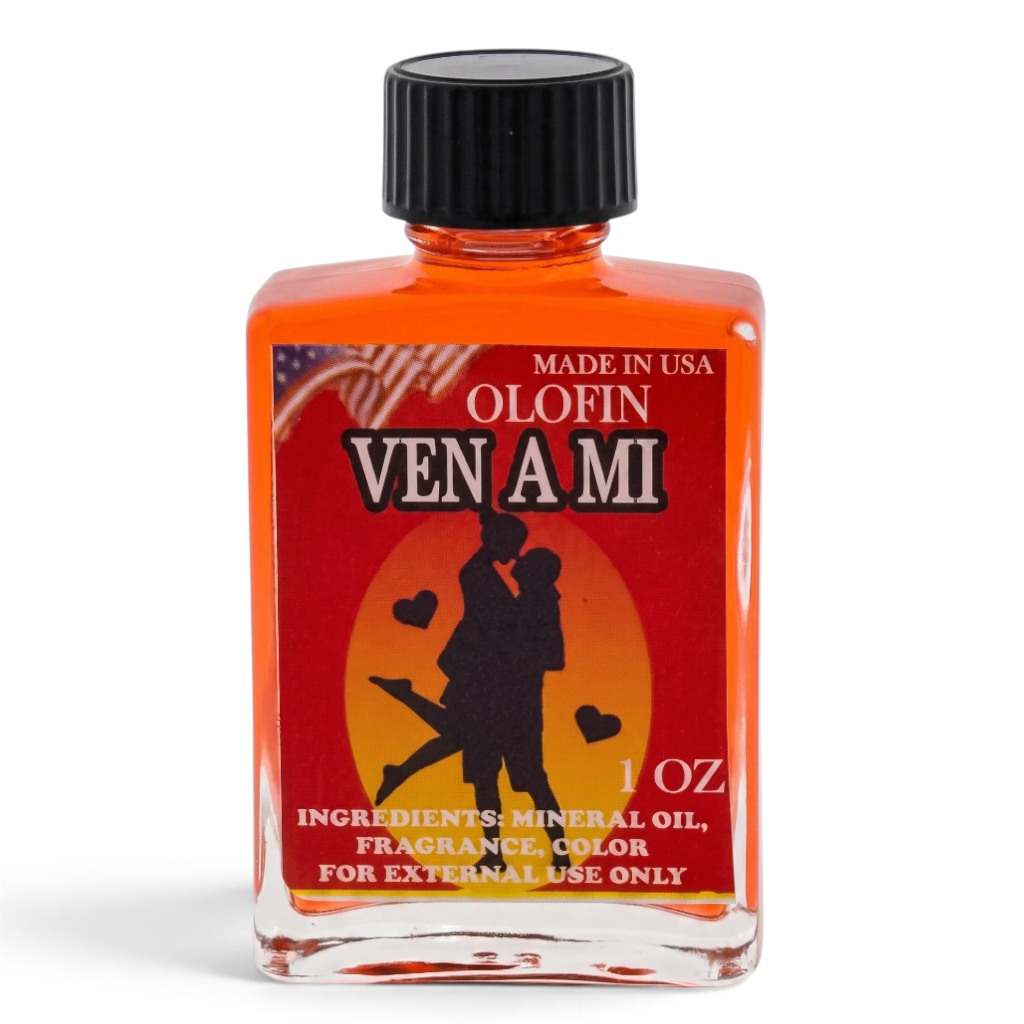 A 1 oz glass bottle of Olofin Ven Ami fragrance oil with a black cap, filled with orange liquid, on a white background.