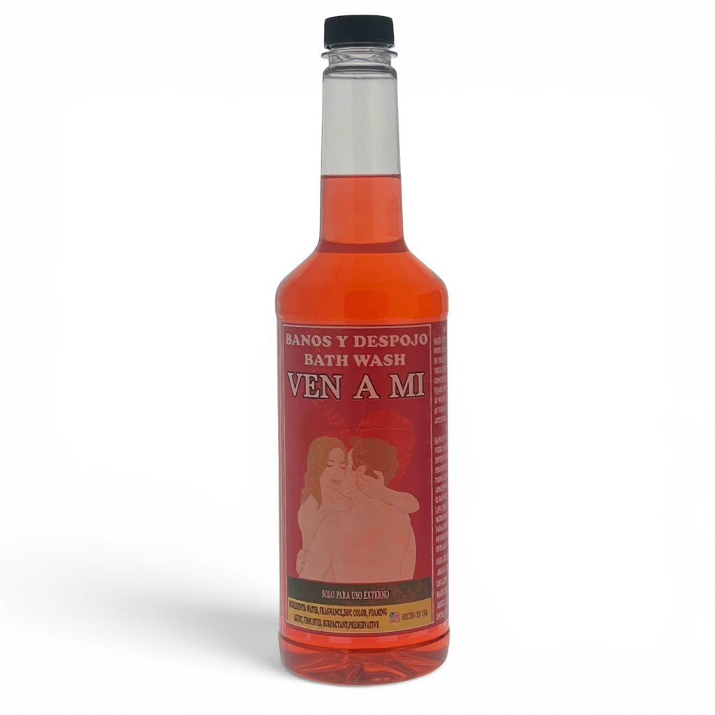 A bottle of Ven A Mi bath wash with a red label and orange-red liquid inside, shown on a plain white background.