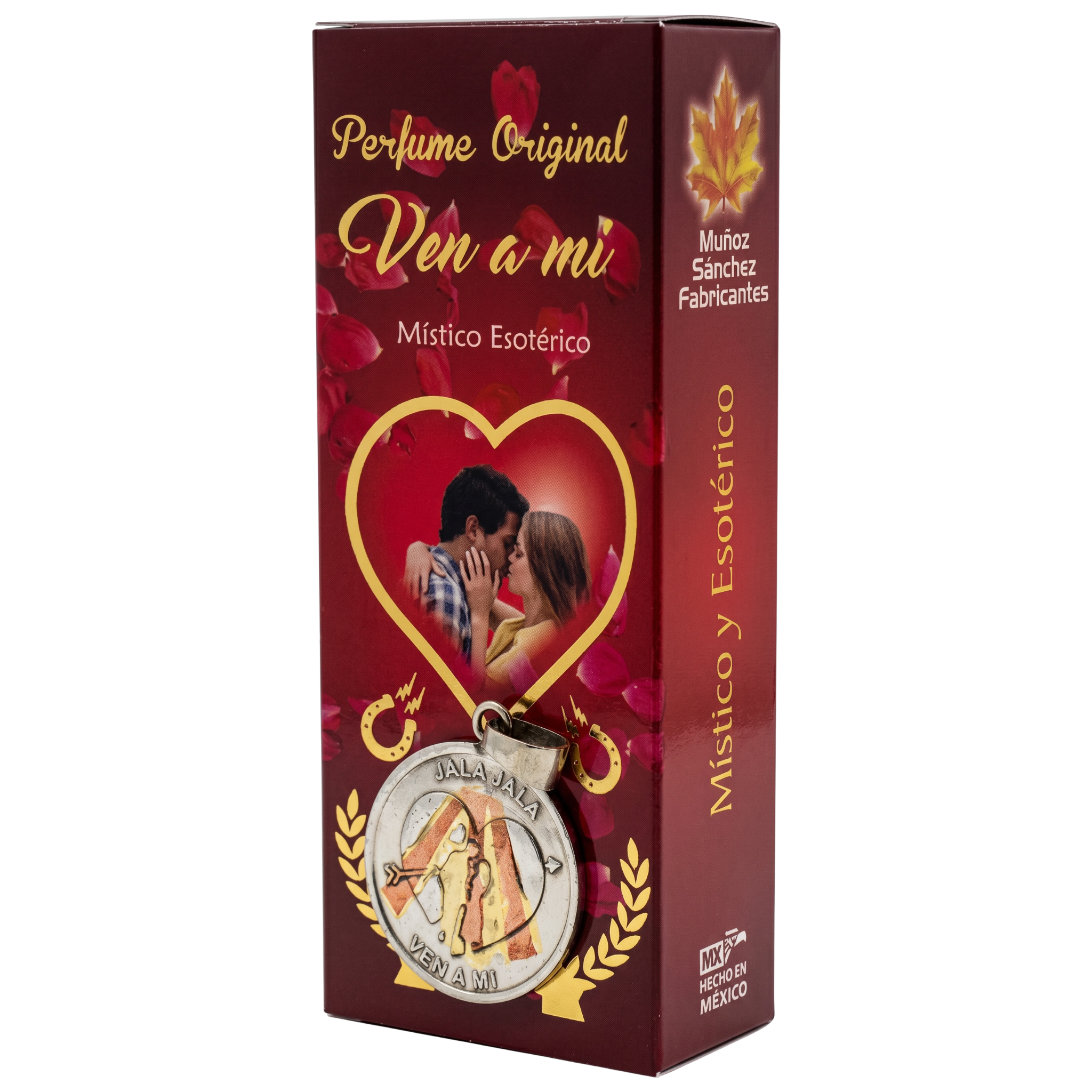 Perfume box with romantic design and text on a white background
