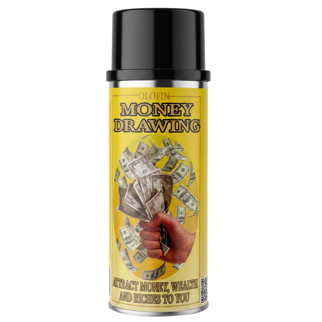 A can of Olofin Money Drawing spray with a black cap and a yellow label featuring an illustration of cash and a hand holding money.