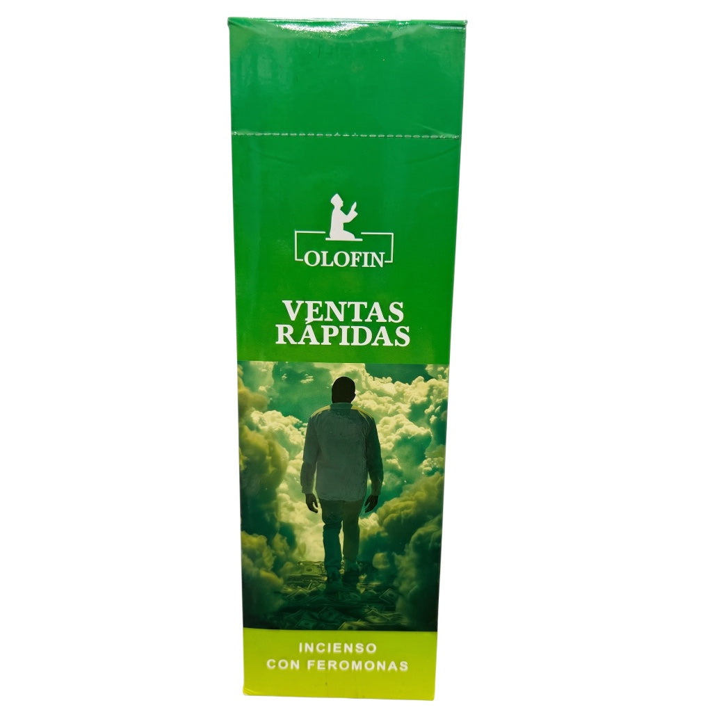 A tall green rectangular box of Olofin Ventas Rápidas incense with a photo of a man looking at clouds on the front, set against a plain white background.
