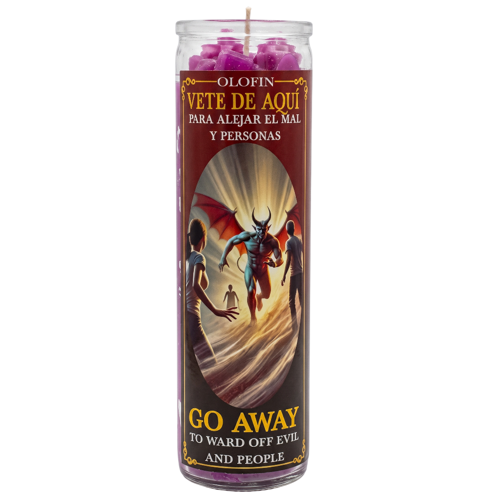 A tall glass prayer candle with a clear top and a dark printed label reading 'Olofin Vete de Añí Go Away to Ward Off Evil and People,' featuring a demon and two figures on the front, photographed on a plain white background.