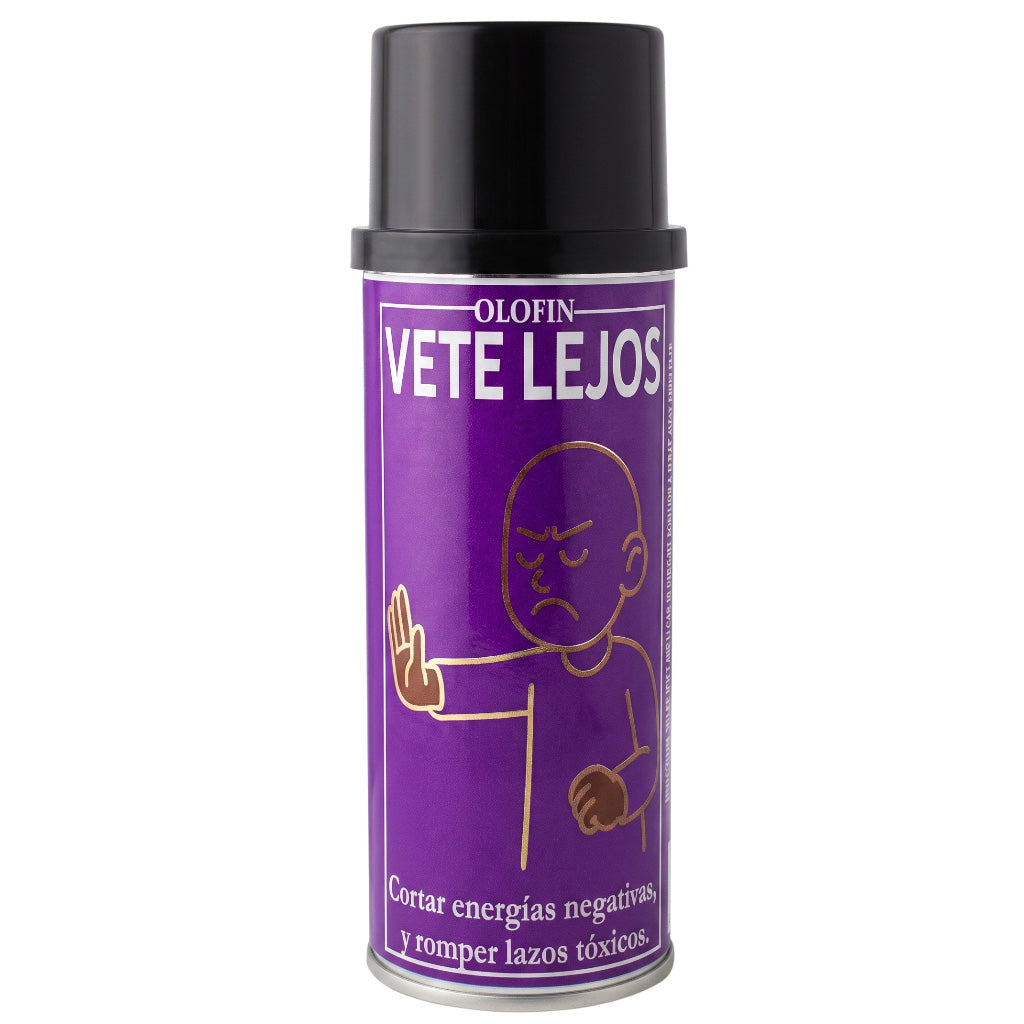 A can of Olofin Vete Lejos negative energy repelling spray, featuring a purple label with a gold line-art illustration of a person blocking out negative energy, and a black cap.