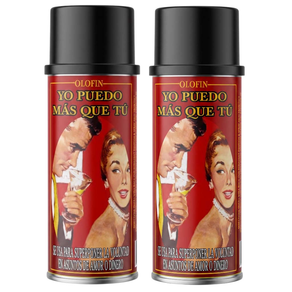 Two Olofin spray perfume cans side by side on a plain white background. The cans have black caps and red labels featuring a retro illustration of a couple and Spanish text reading 'YO PUEDO MÁS QUE TÚ'.
