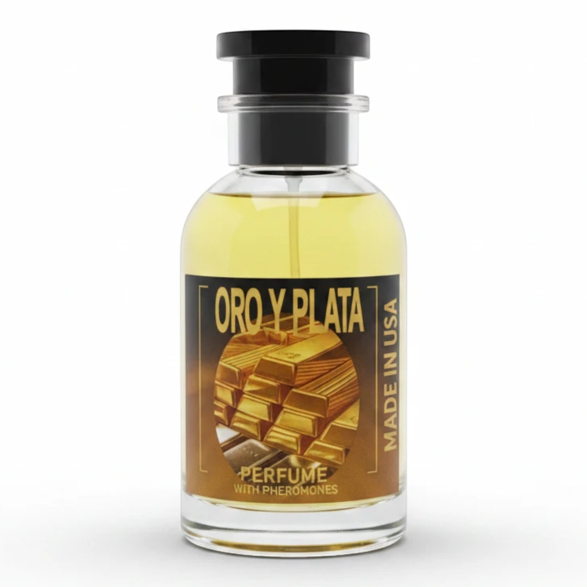 Dubai Perfume LA Oro Y Plata pheromone-infused perfume in a minimalist glass bottle with a golden liquid fragrance.