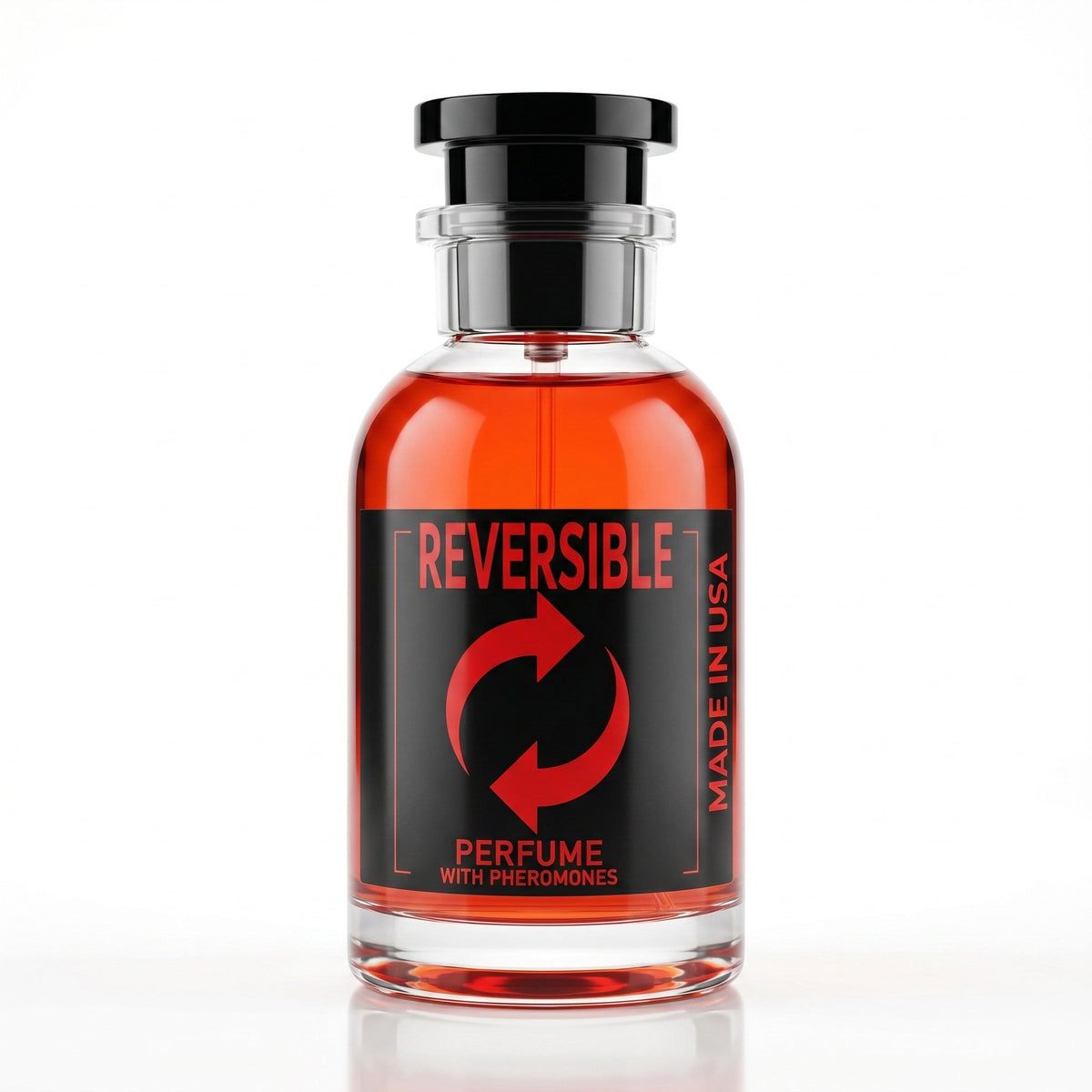 Dubai Perfume LA Reversible pheromone fragrance in a vibrant red glass bottle with a black label and cap.
